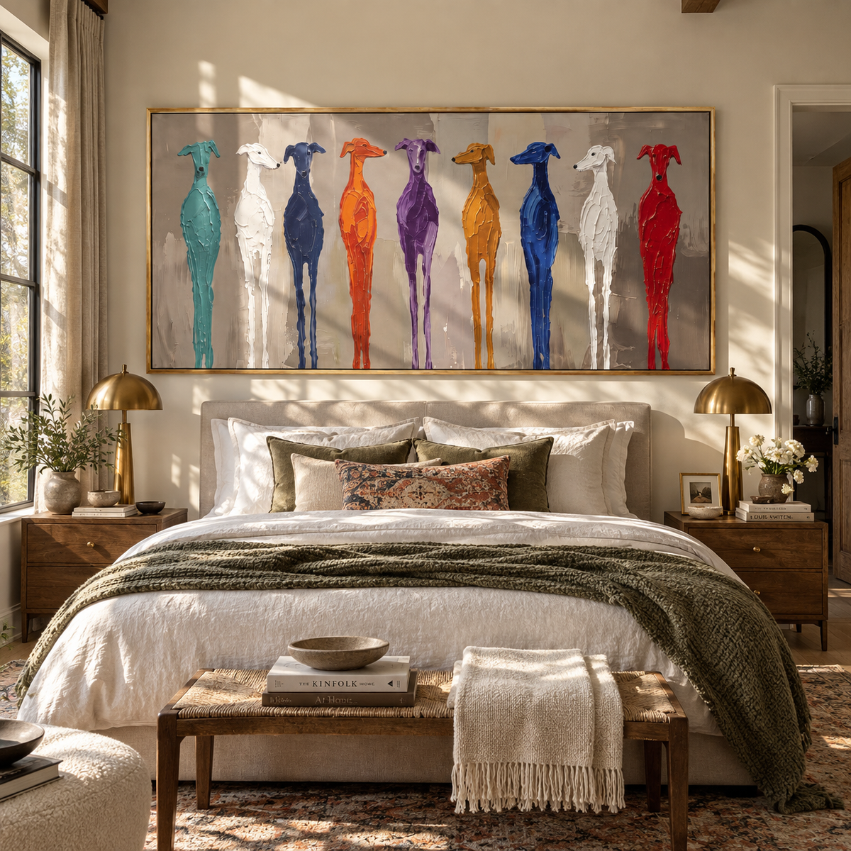 Many Hounds Stand Proud colorful hound lineup painting displayed in a styled interior
