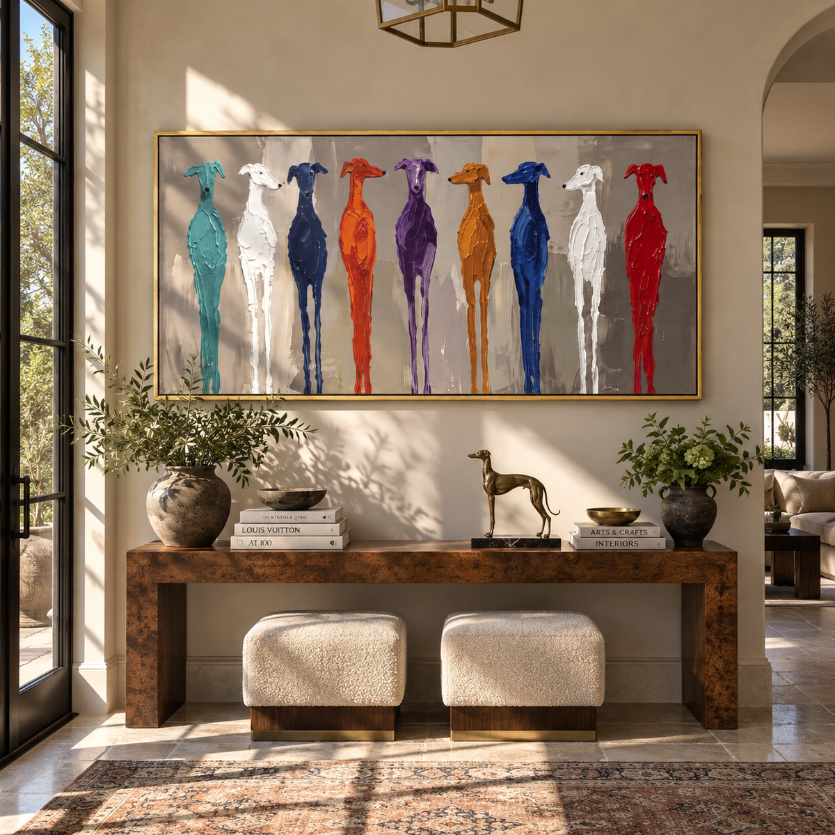 Many Hounds Stand Proud people and pets wall art in a contemporary room
