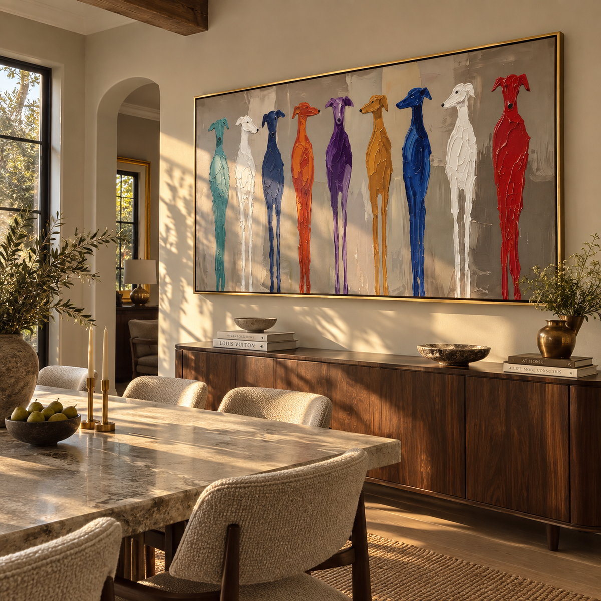 Many Hounds Stand Proud painting displayed above modern furnishings