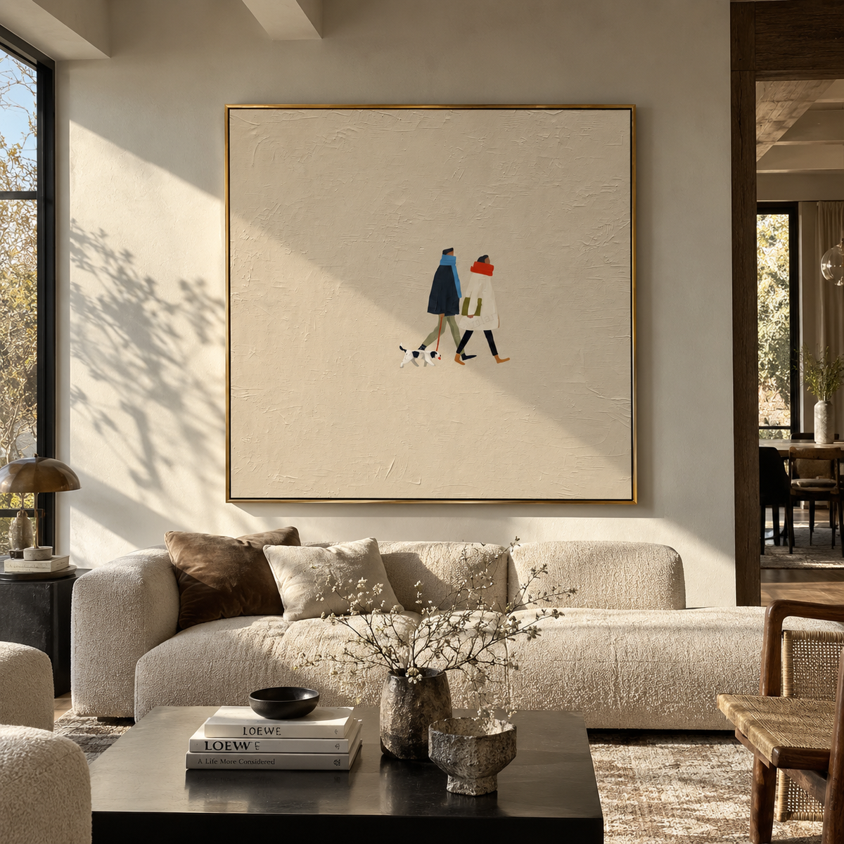 Two Friends Tiny Dog painting displayed above modern furnishings