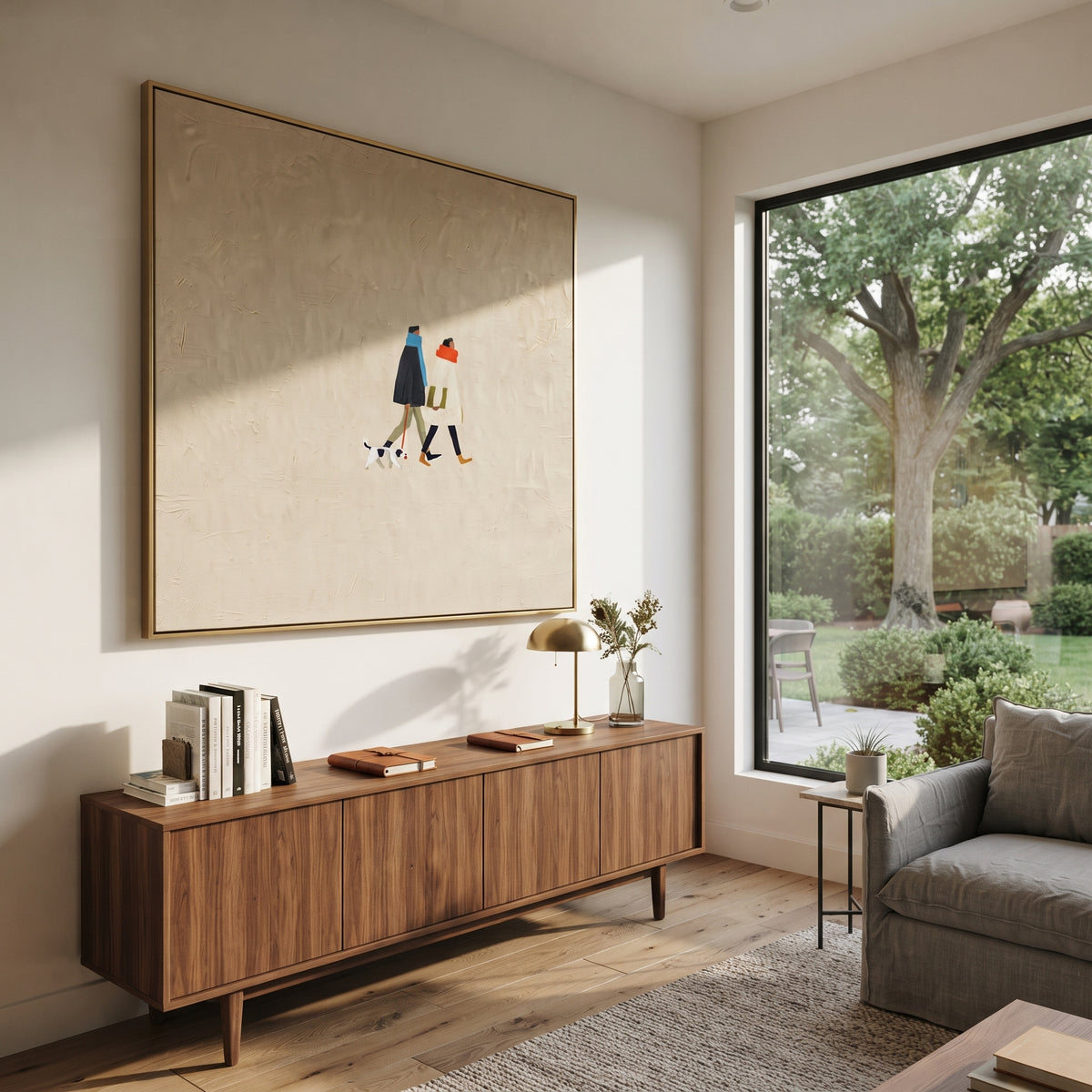Two Friends Tiny Dog artwork styled as a warm interior focal point