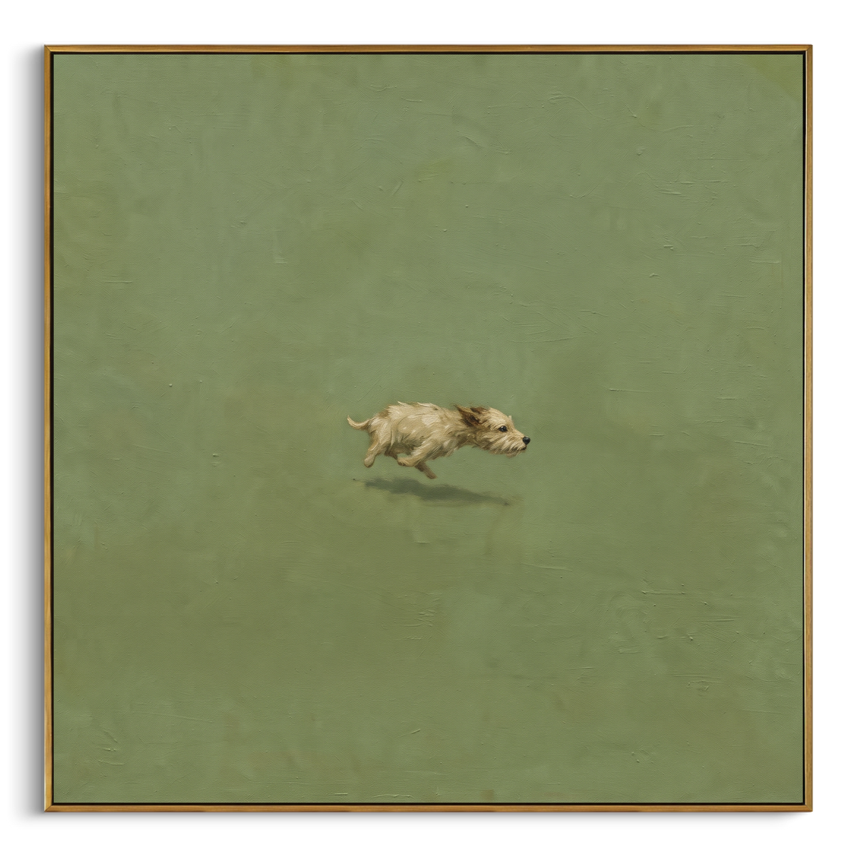 Green Field Running Dog square painting in a wood frame on a white background