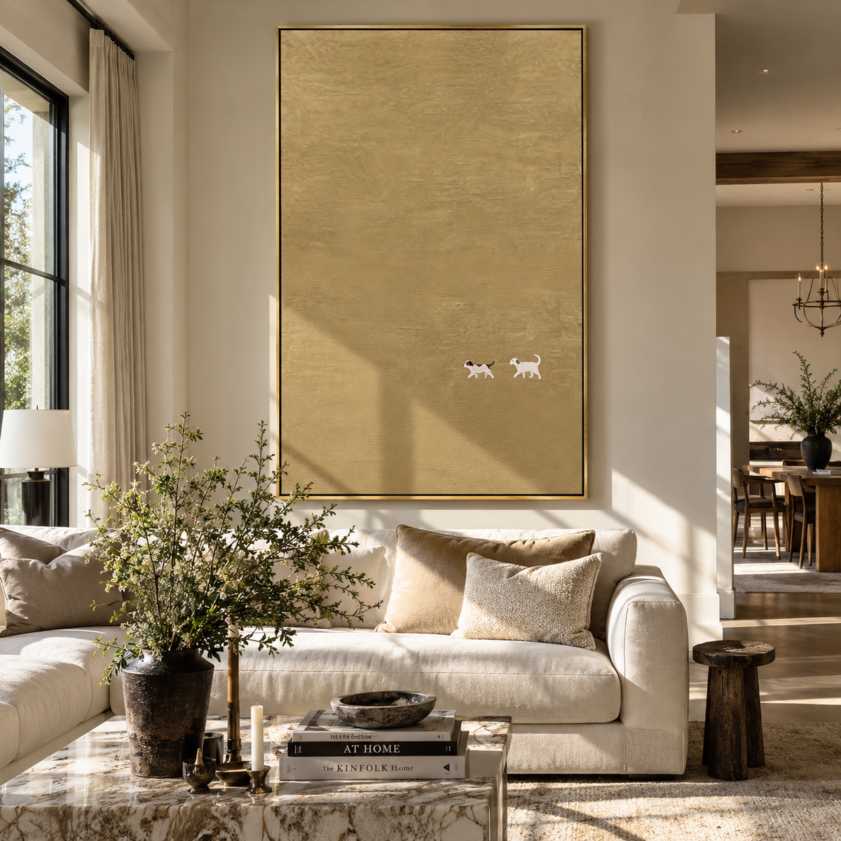 Small Hounds Wide Silence minimalist tiny dogs painting displayed in a styled interior