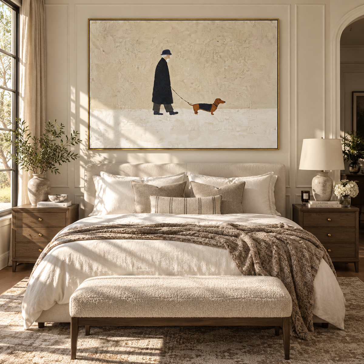 Dachshund Walks Pale Road man walking dachshund painting displayed in a styled interior