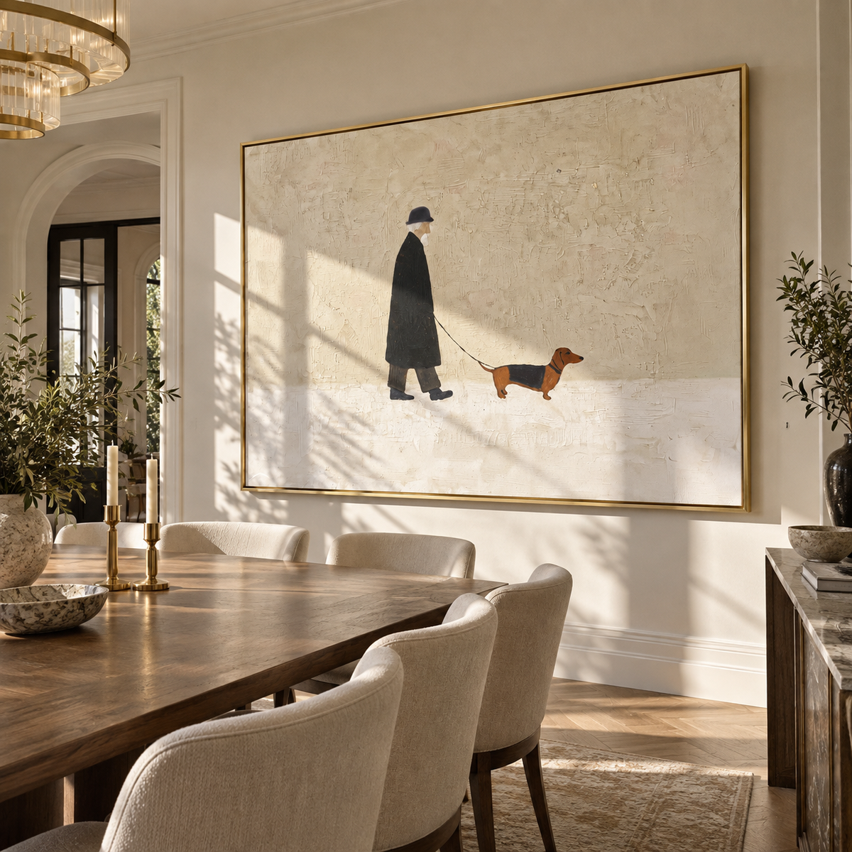Dachshund Walks Pale Road painting displayed above modern furnishings