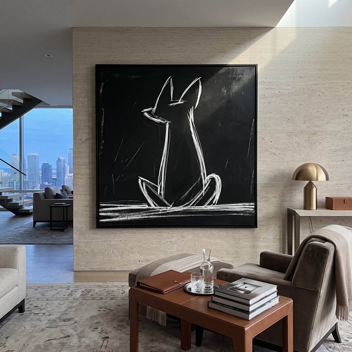 Chalk Hounds Sit Together chalk dog pair painting displayed in a styled interior