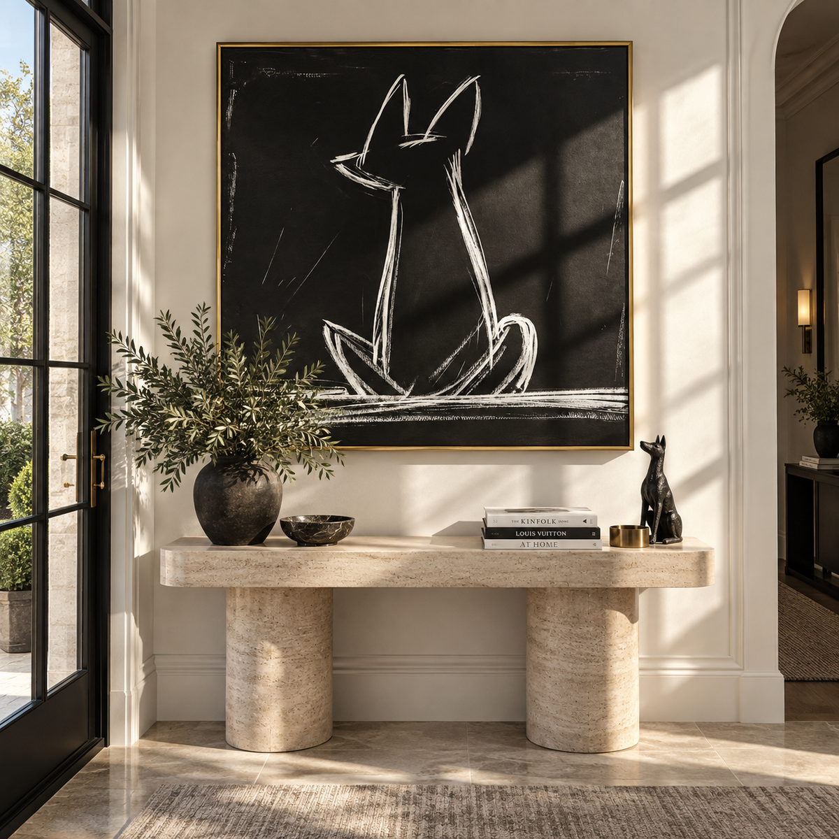 Chalk Hounds Sit Together people and pets wall art in a contemporary room