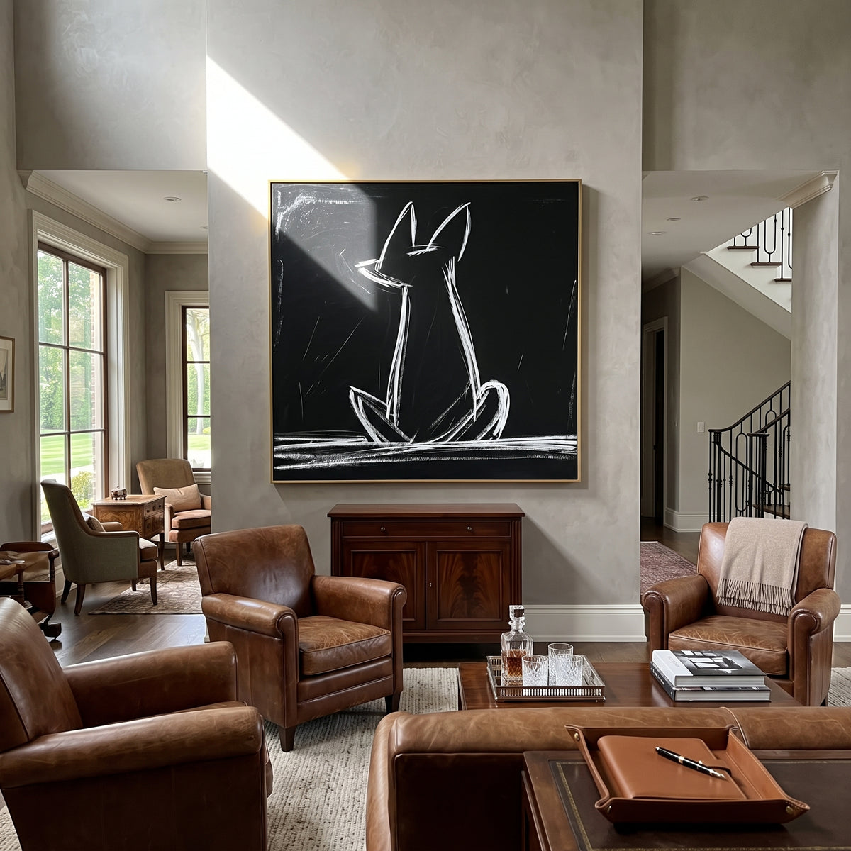 Chalk Hounds Sit Together painting displayed above modern furnishings