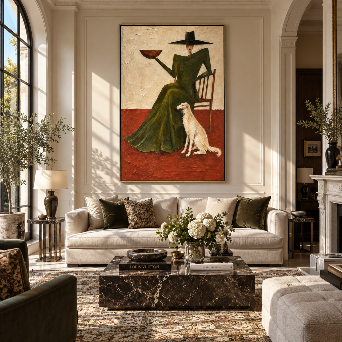 Supper with Quiet Hound - woman and dog painting displayed in a styled interior