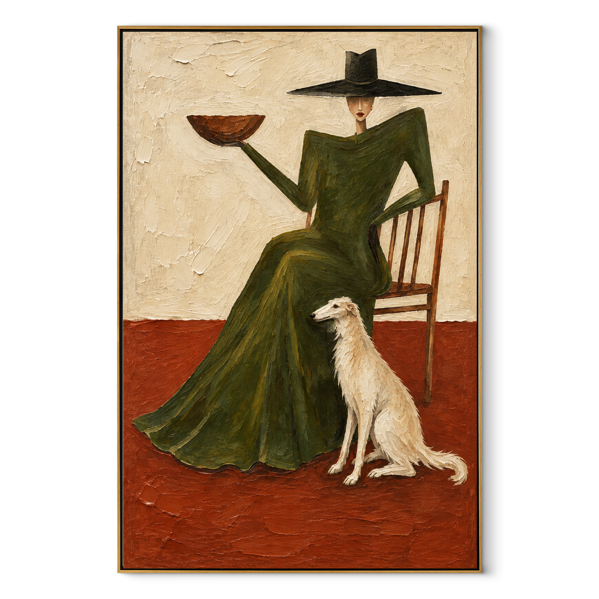 Supper with Quiet Hound - woman and dog painting in a wood frame on white