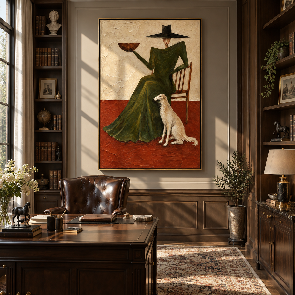 Supper with Quiet Hound - woman and dog painting shown in modern room setting 3