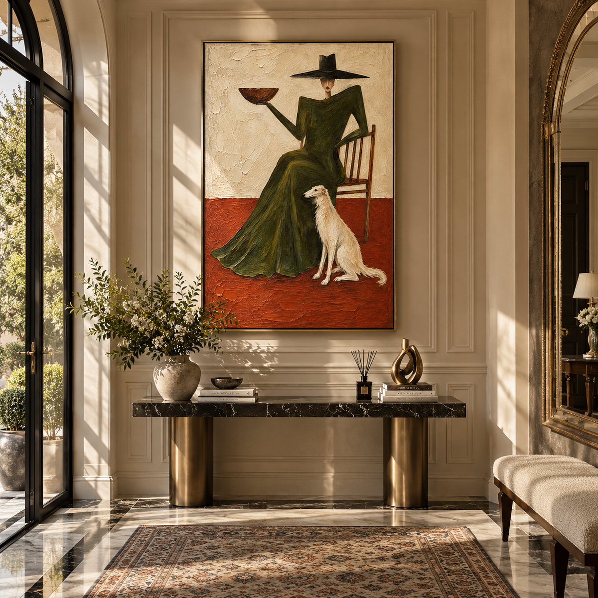 Supper with Quiet Hound - woman and dog painting shown in modern room setting 4