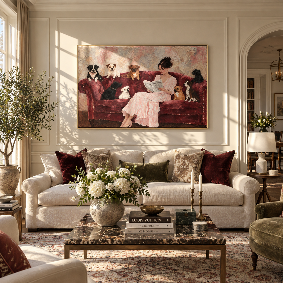 Velvet Sofa Full House - woman with dogs painting shown in modern room setting 2