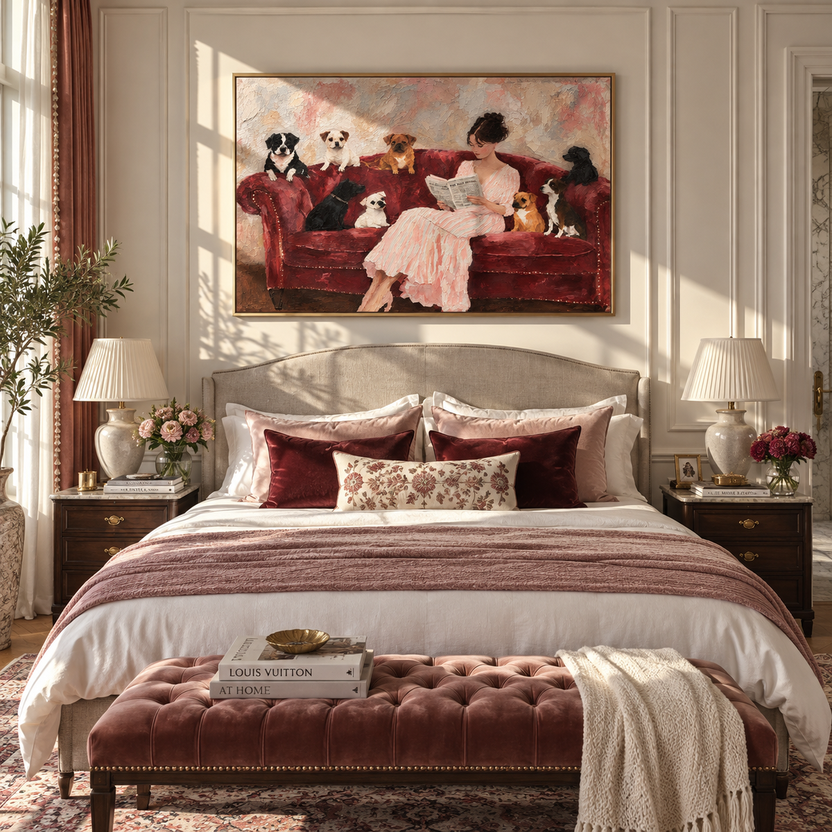 Velvet Sofa Full House - woman with dogs painting shown in modern room setting 3