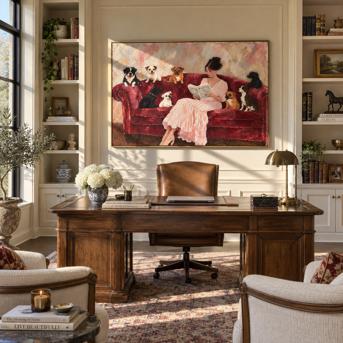 Velvet Sofa Full House - woman with dogs painting shown in modern room setting 4