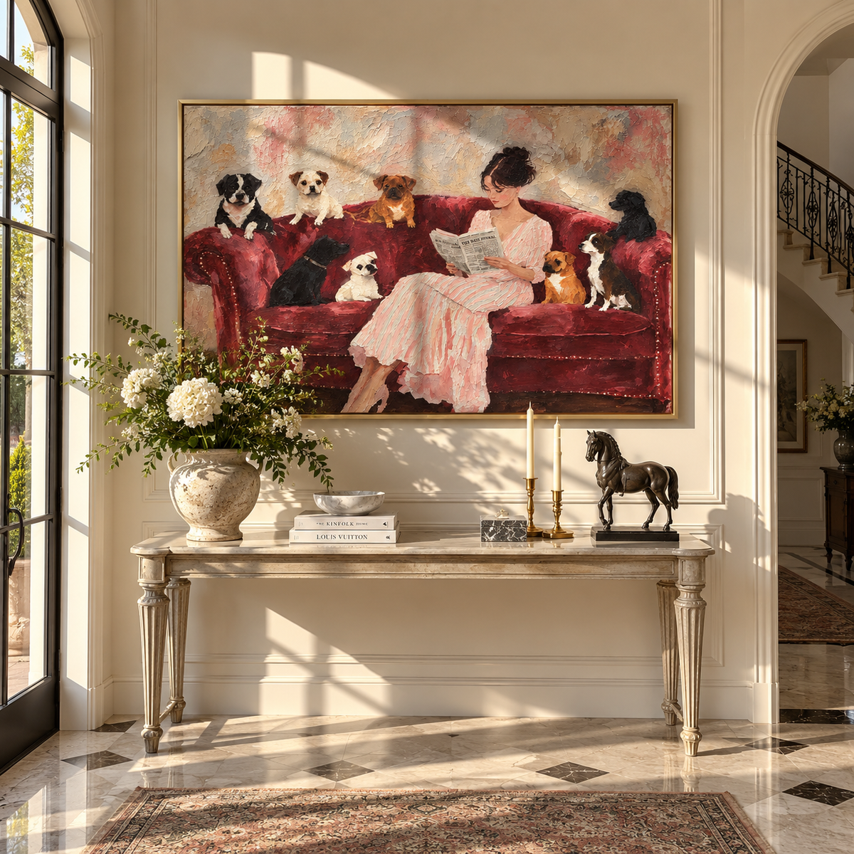 Velvet Sofa Full House - woman with dogs painting shown in modern room setting 5
