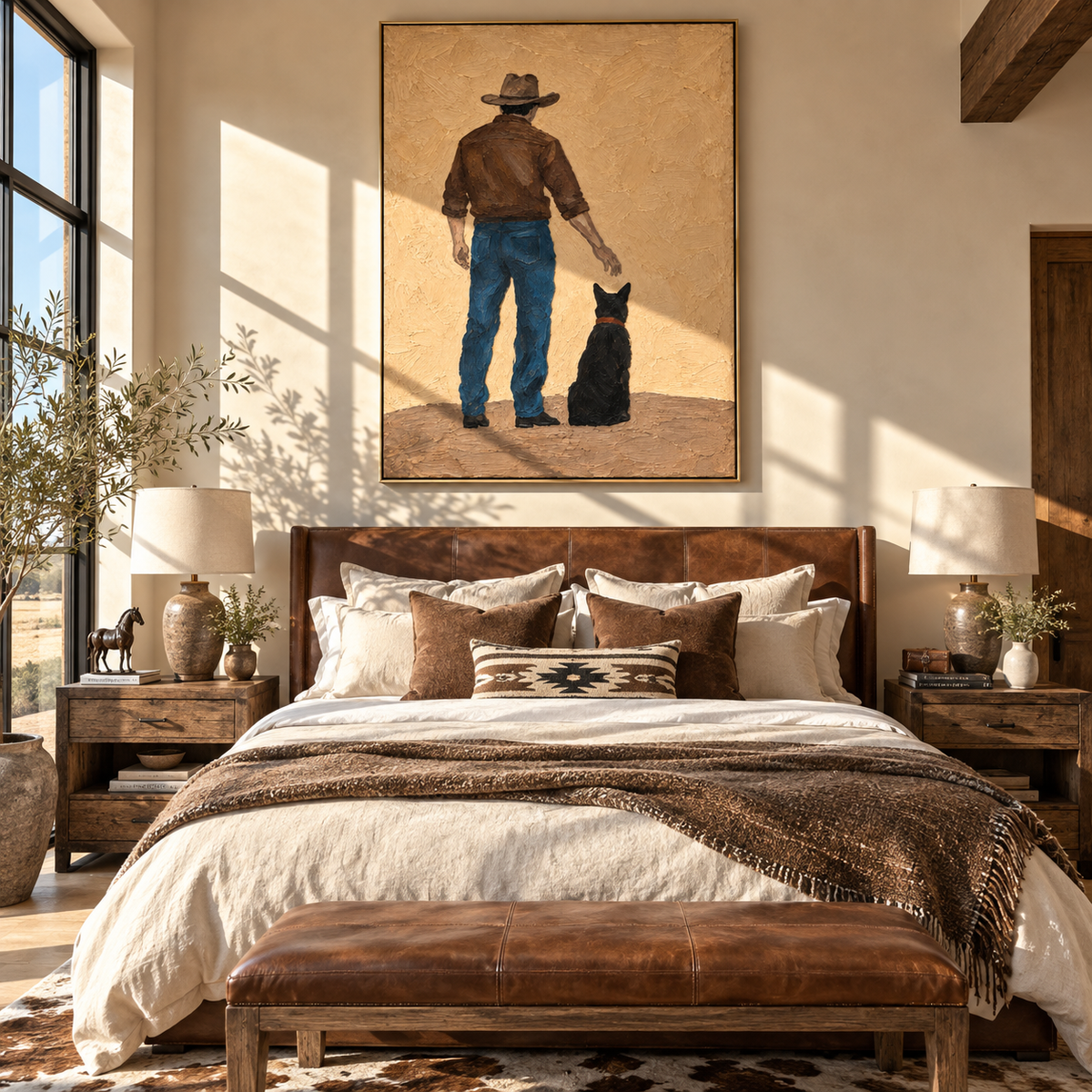 Westward Walk with Hound - cowboy and black dog painting displayed in a styled interior