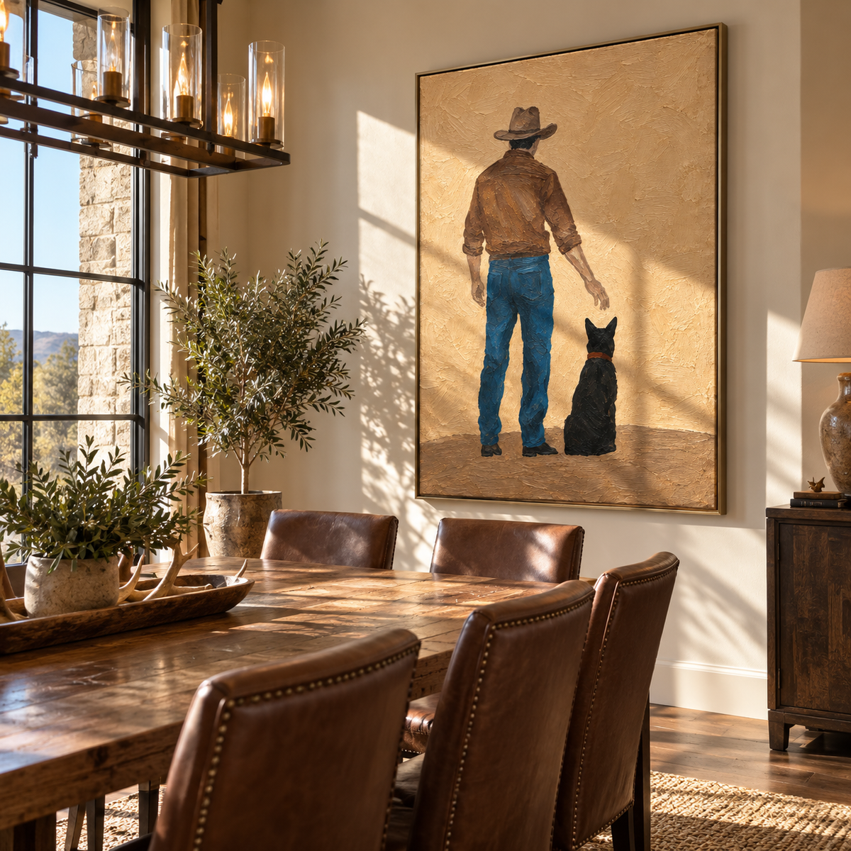 Westward Walk with Hound - cowboy and black dog painting shown in modern room setting 3