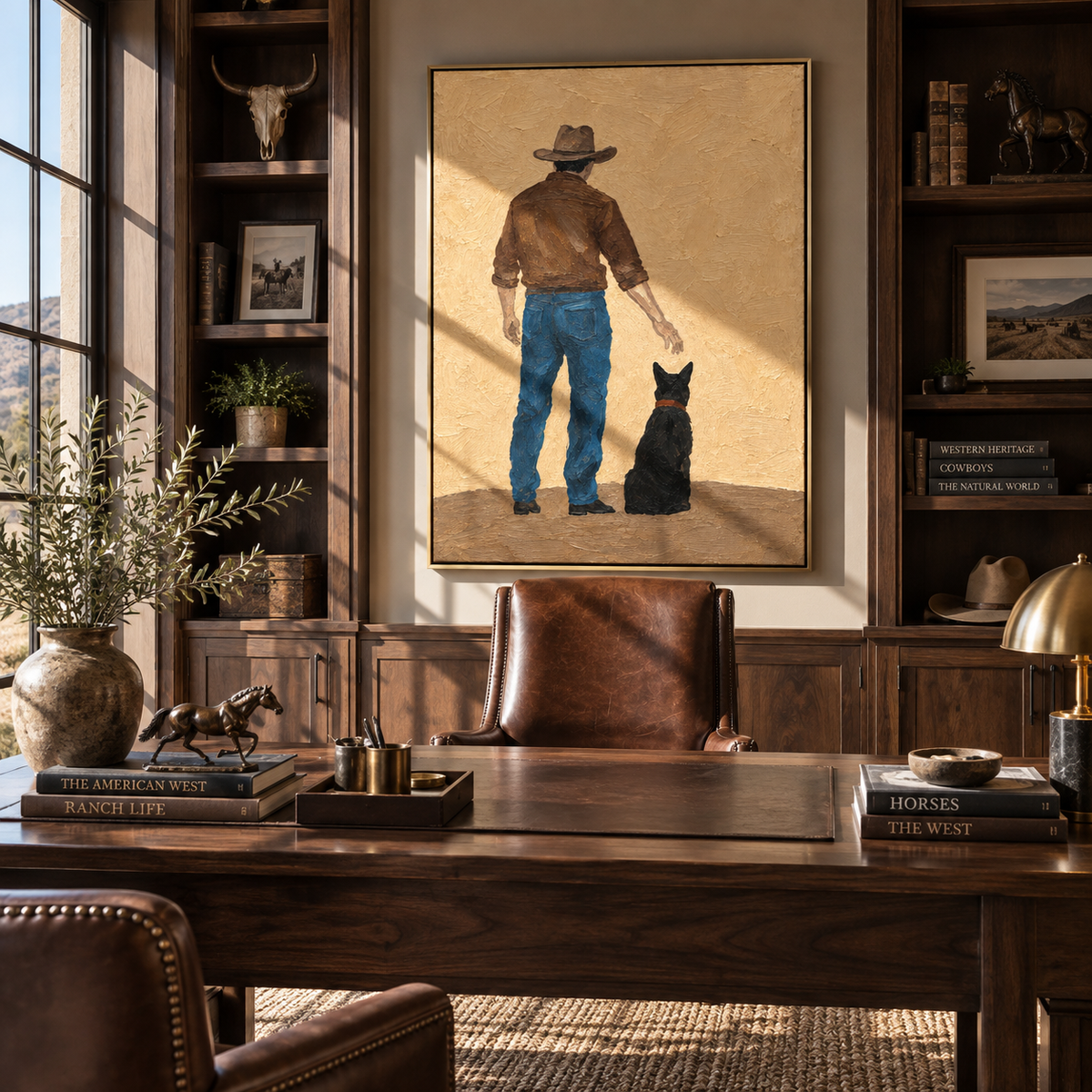 Westward Walk with Hound - cowboy and black dog painting shown in modern room setting 5
