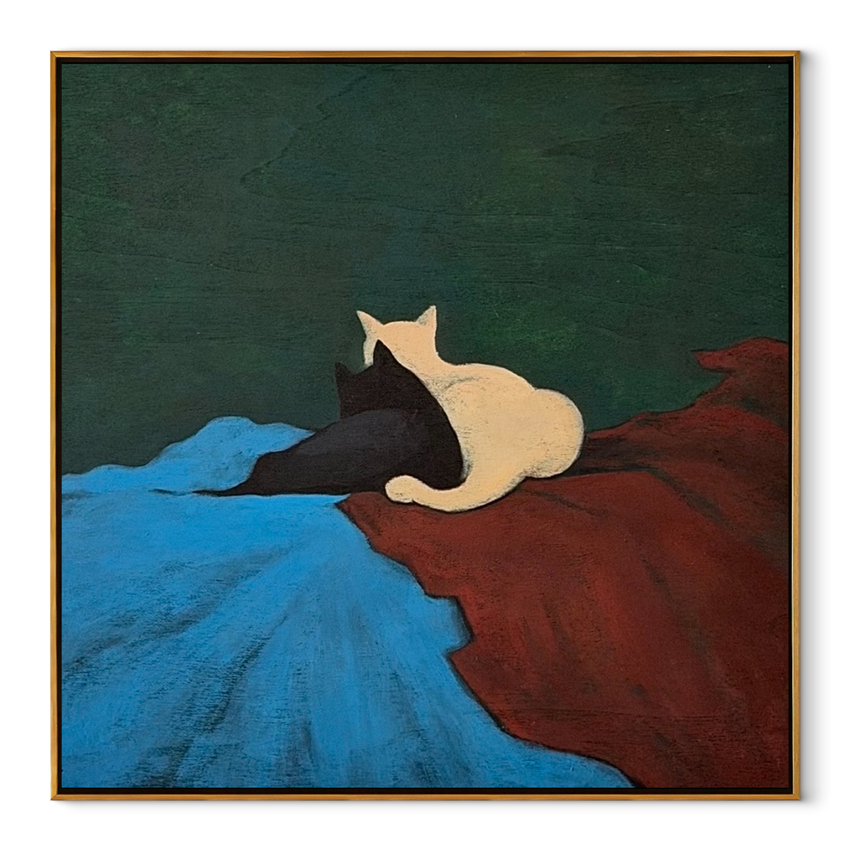 Cats Across Color Fields - minimalist cats on color fields painting in a wood frame on white