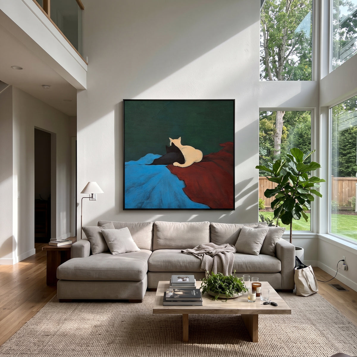 Cats Across Color Fields - minimalist cats on color fields painting shown in modern room setting 5