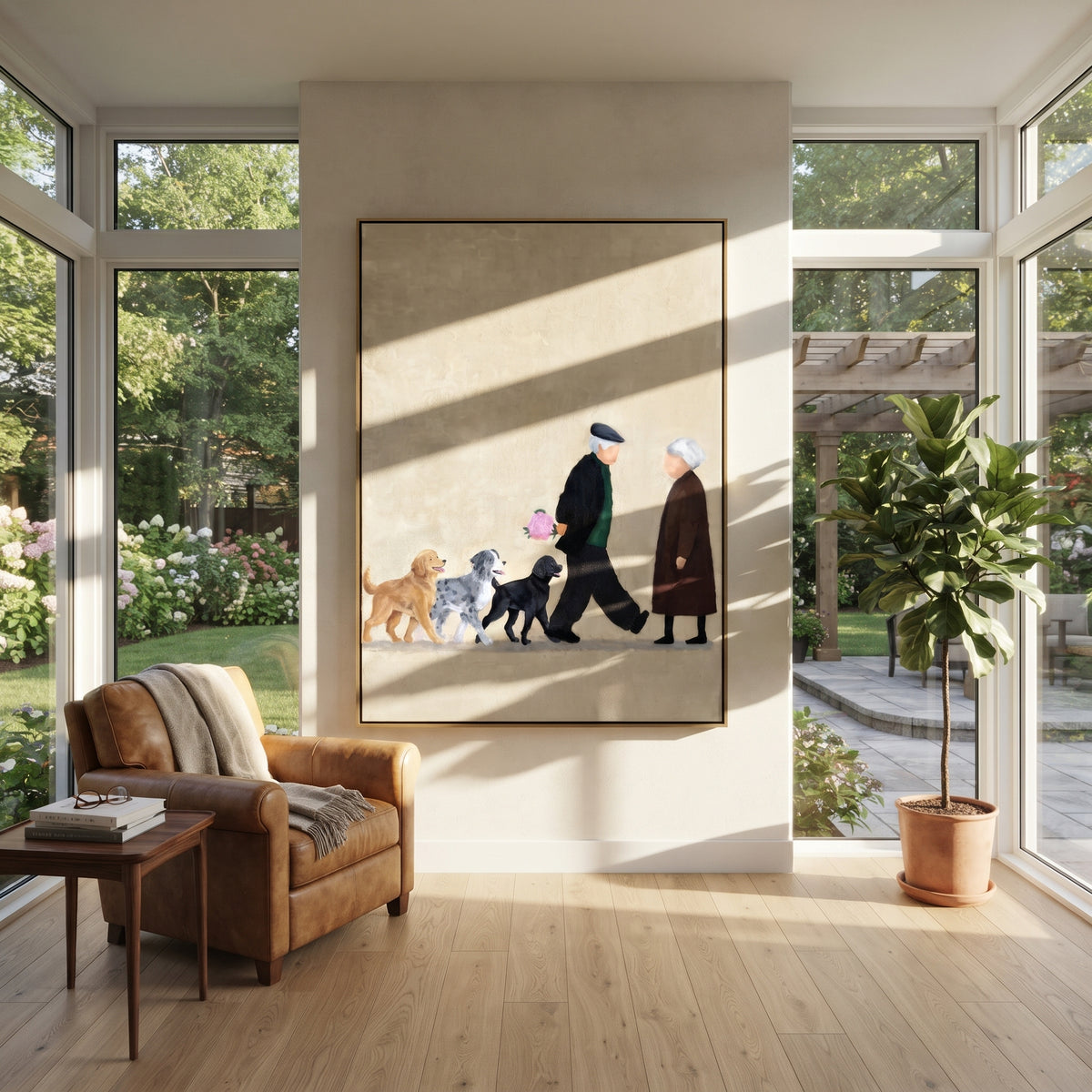 Afternoon Walk with Dogs - people walking dogs painting displayed in a styled interior