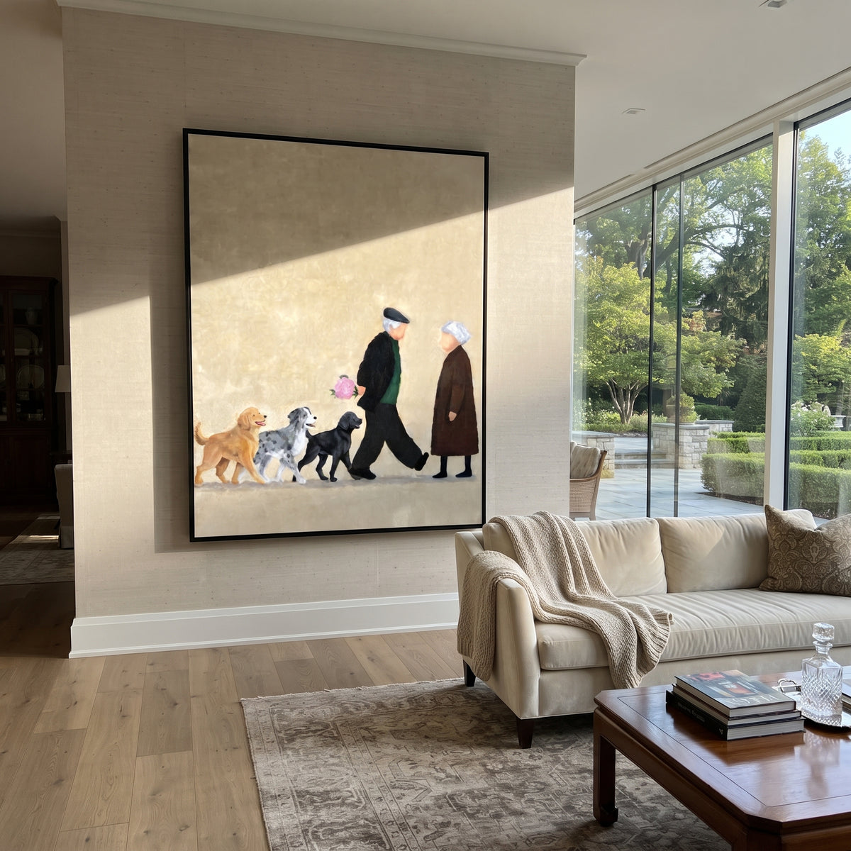 Afternoon Walk with Dogs - people walking dogs painting shown in modern room setting 2