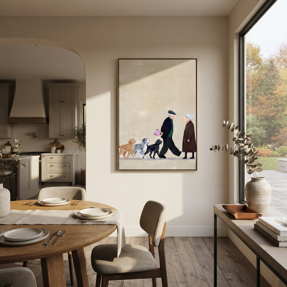 Afternoon Walk with Dogs - people walking dogs painting shown in modern room setting 3