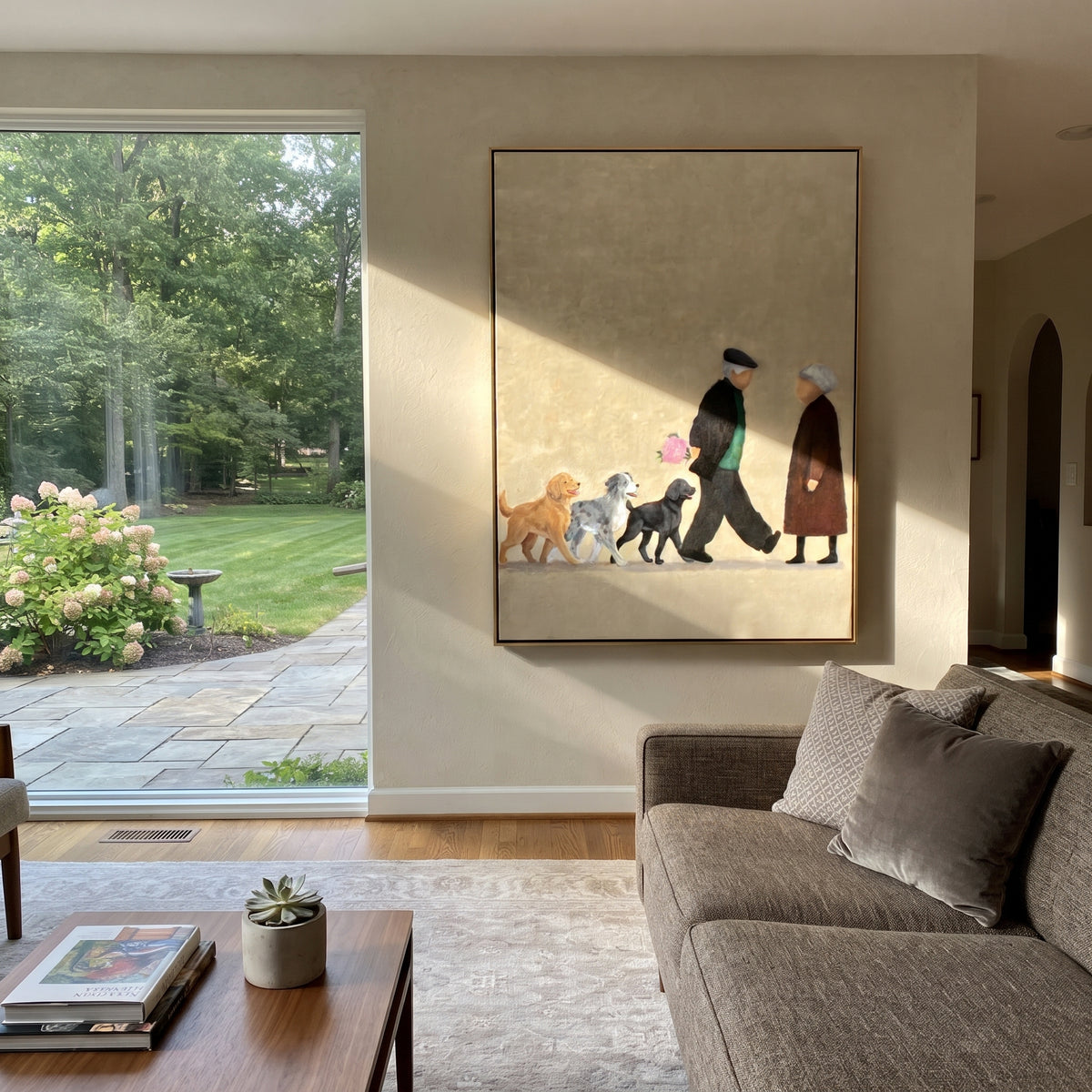 Afternoon Walk with Dogs - people walking dogs painting shown in modern room setting 4