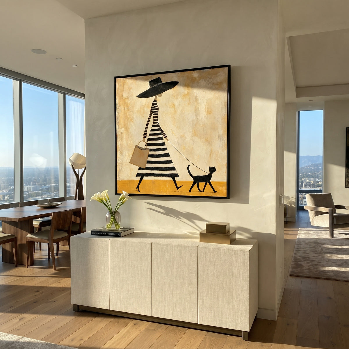 Black Hat Walk with Cat - fashion woman walking cat painting displayed in a styled interior