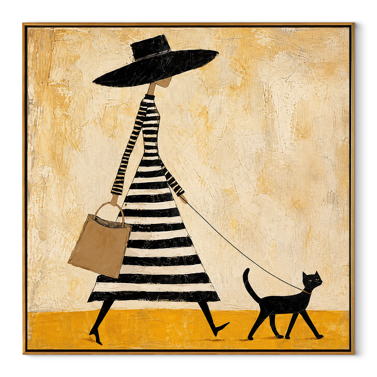 Black Hat Walk with Cat - fashion woman walking cat painting in a wood frame on white