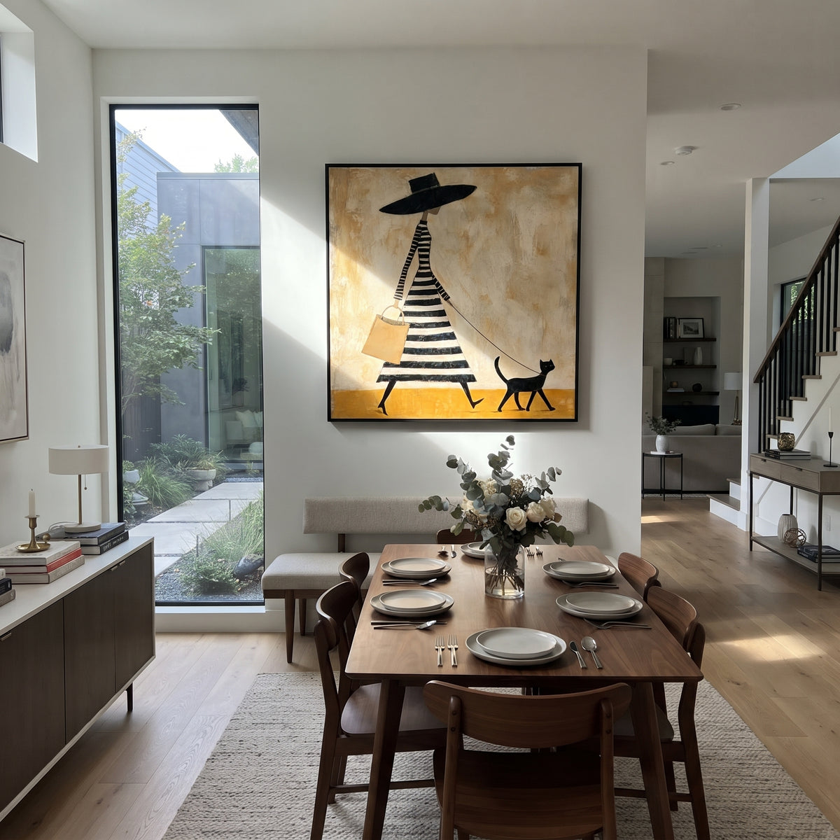 Black Hat Walk with Cat - fashion woman walking cat painting shown in modern room setting 2