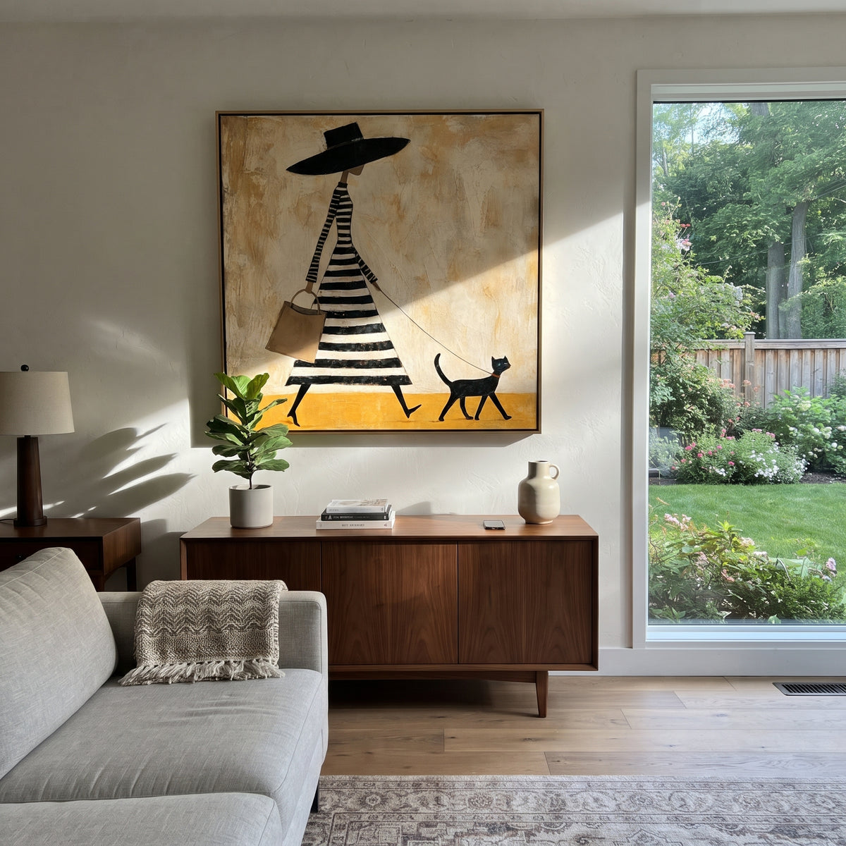Black Hat Walk with Cat - fashion woman walking cat painting shown in modern room setting 3