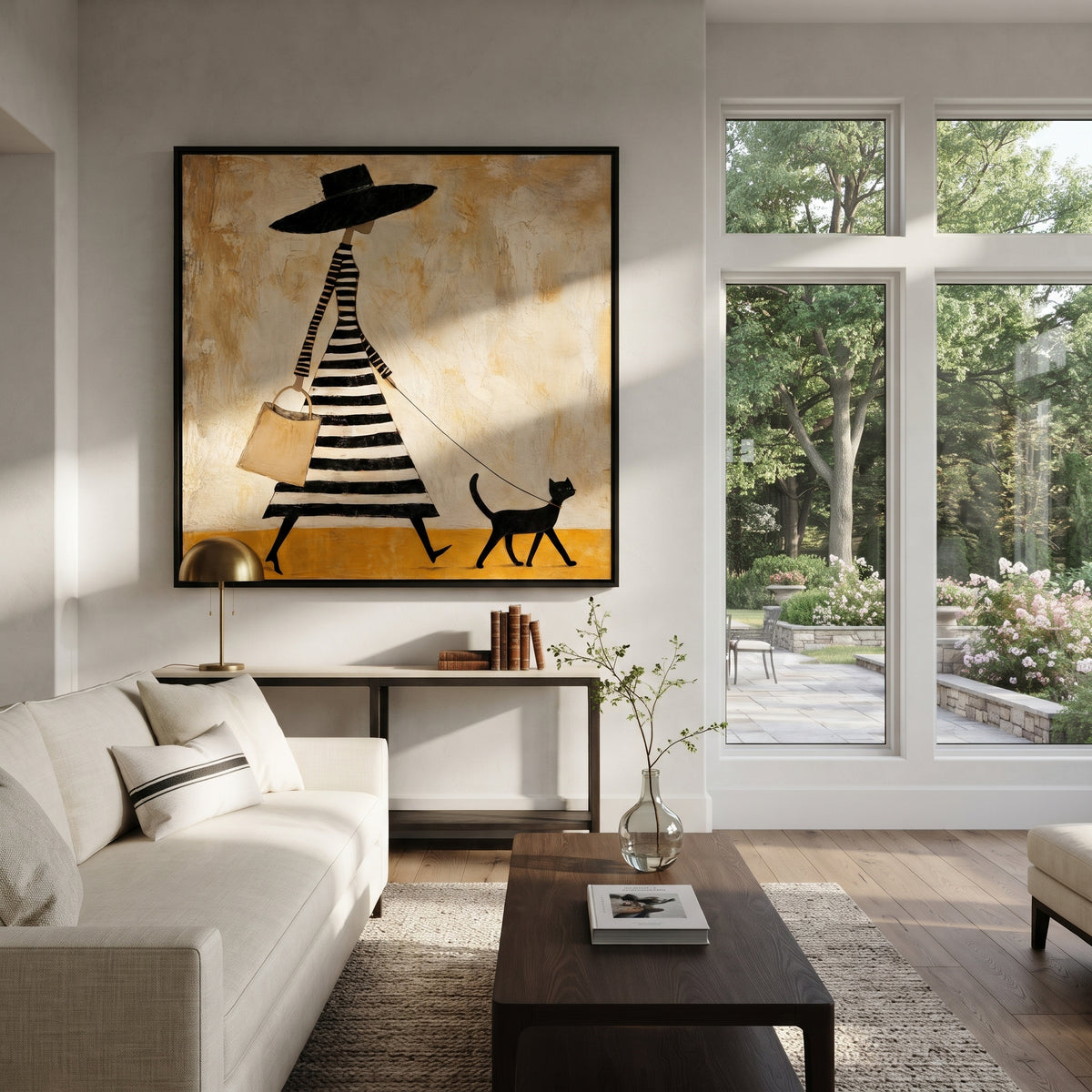 Black Hat Walk with Cat - fashion woman walking cat painting shown in modern room setting 5
