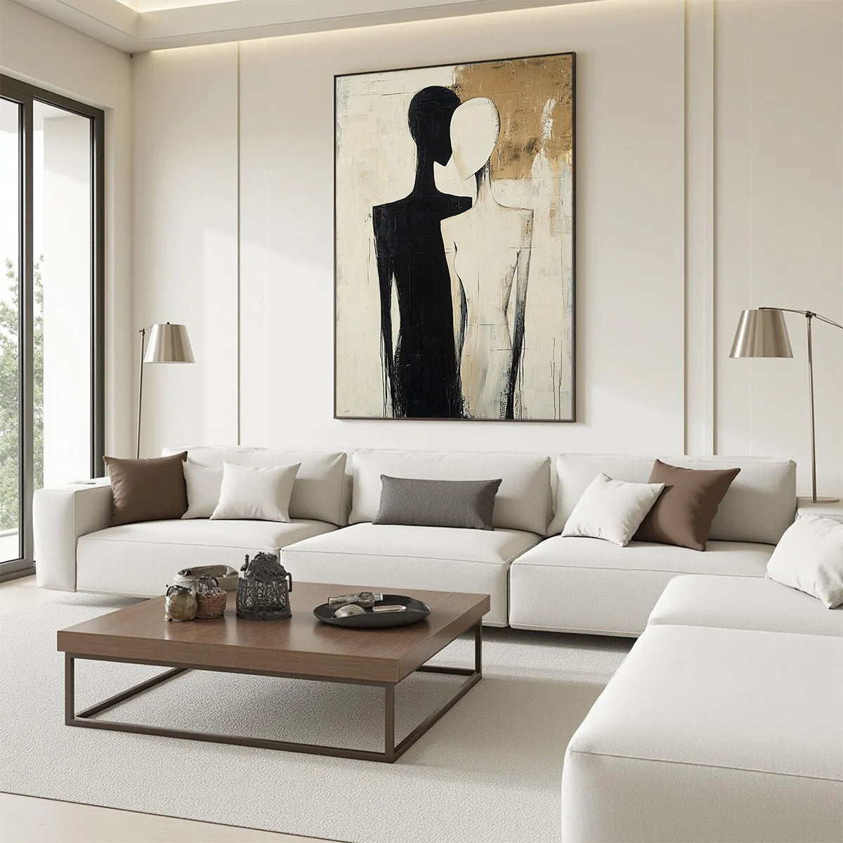 Silhouette Souls – Hand-Painted Black and Beige Abstract Couple Figure Portrait Painting | Contemporary Expressionist Living Room & Office Art
