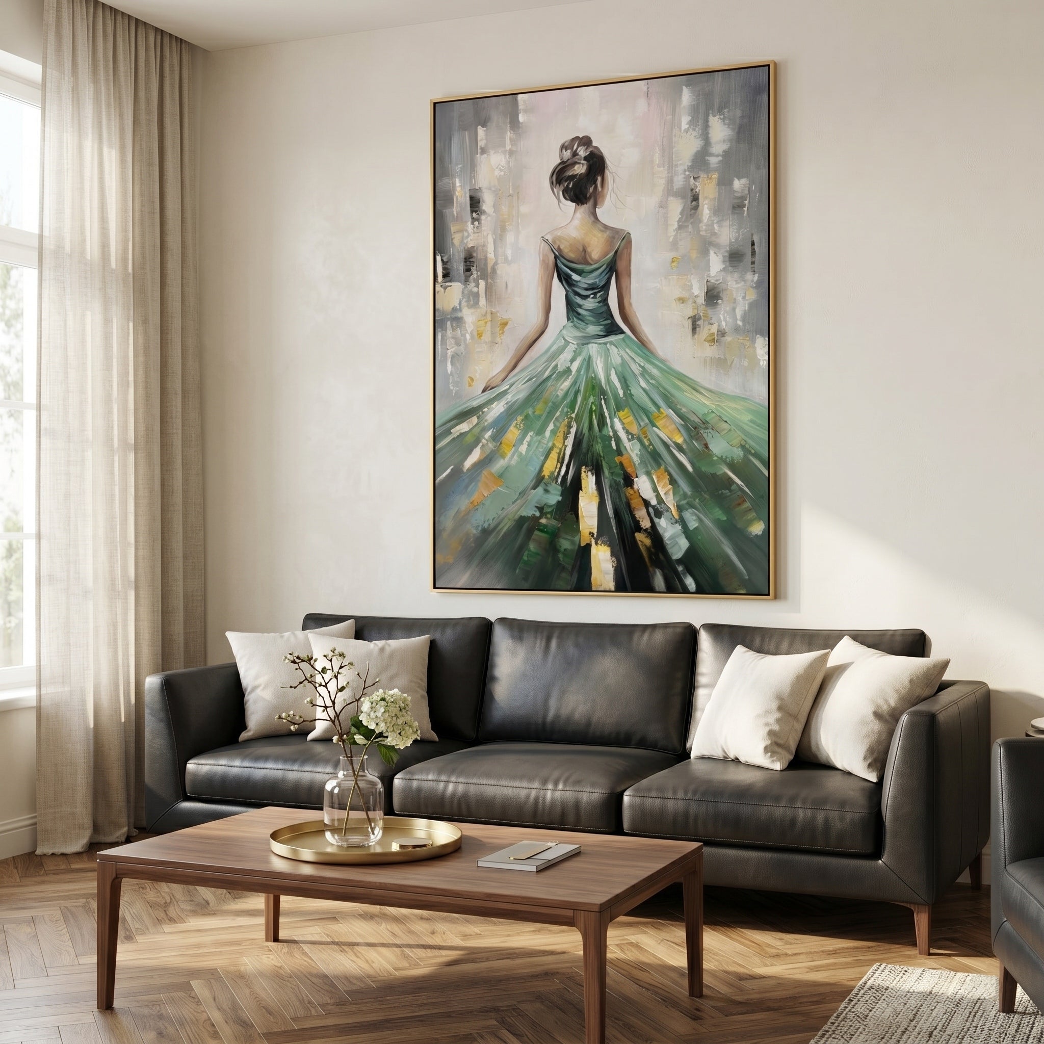 Emerald Radiance – Modern Impressionist Figure Painting | Elegant Woman in Sage Green Gown Bedroom Art