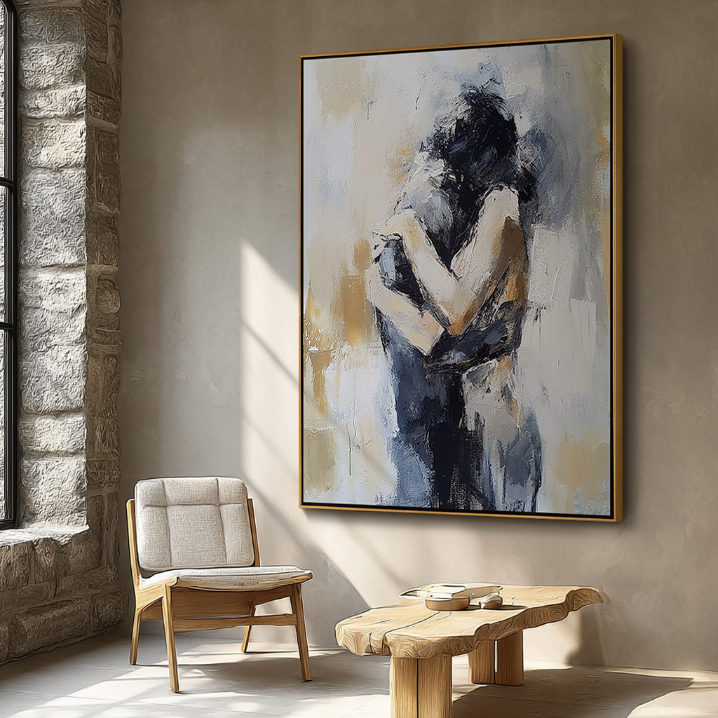 Silent Embrace – Heavy Texture Couple Silhouette Portrait Painting | Contemporary Expressionist Living Room & Office Art