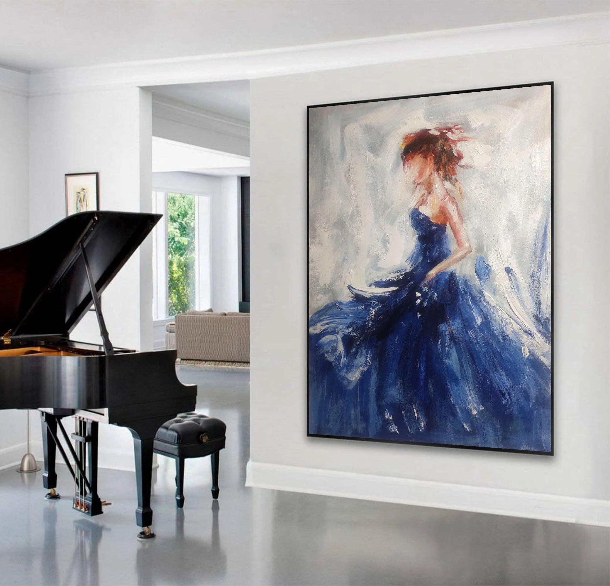 Azure Silhouette – Modern Impressionist Figure Oil Painting | Elegant Woman in Blue Gown Bedroom Art