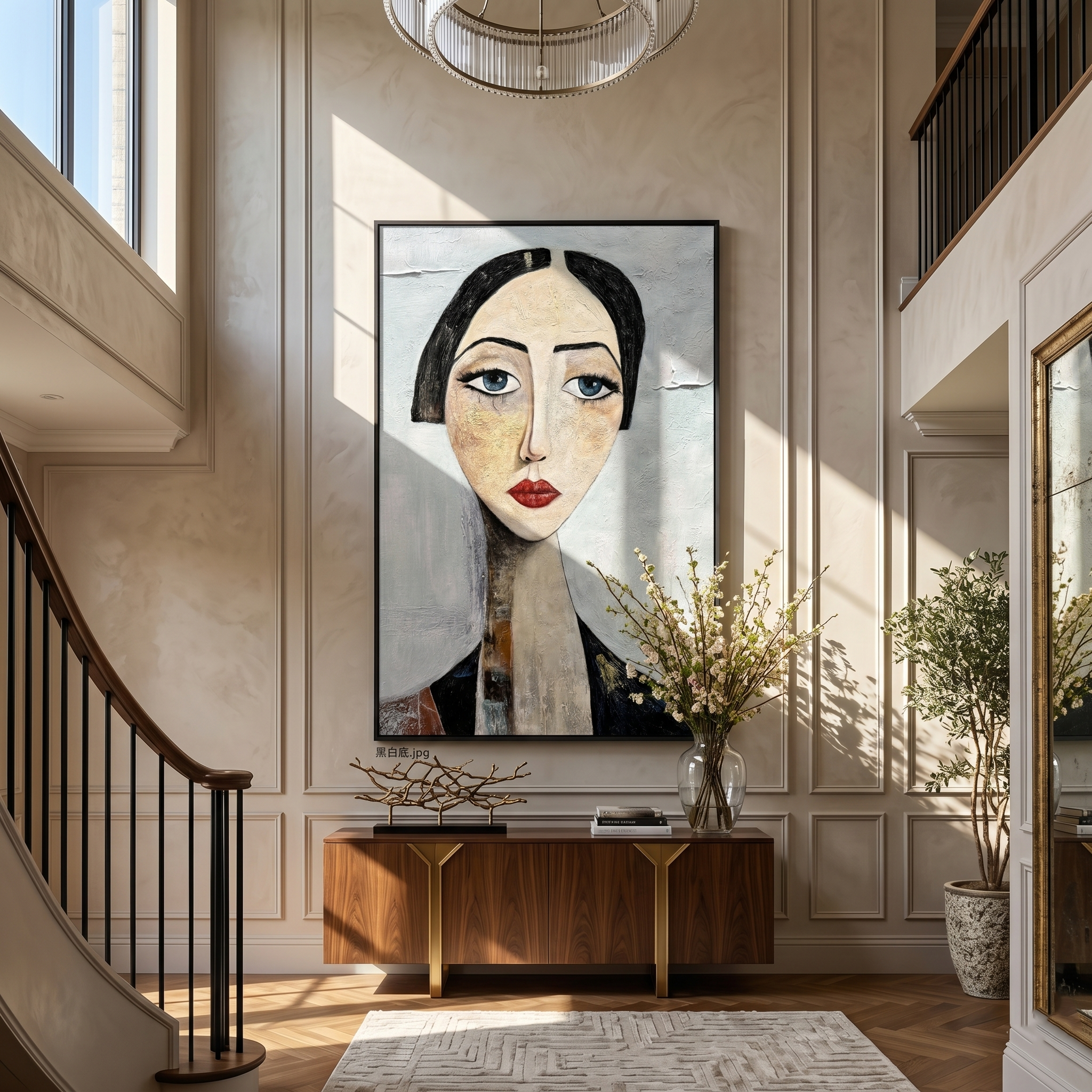 The Sapphire Gaze – Expressionist Modigliani-Style Woman Portrait Painting | Retro Minimalist Living Hallway Art