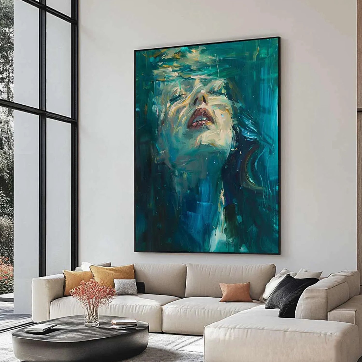 Aquatic Reverie – Hand-Painted Underwater Woman Figure Teal Blue Abstract Textured Oil Portrait Painting | Contemporary Expressionist Living Room & Office Art