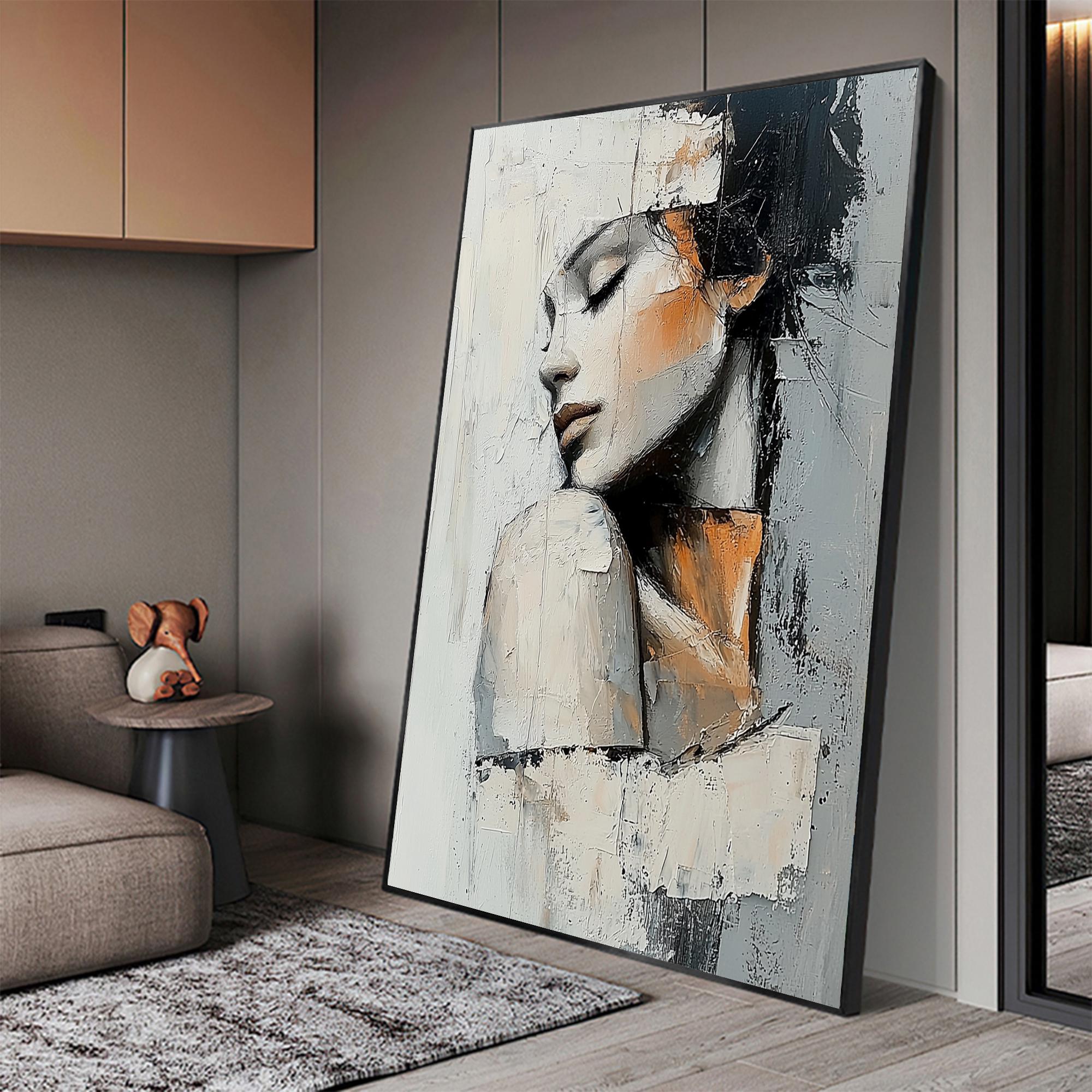 Silent Contemplation – Modern Luxury Expressionist Portrait Textured Painting | Premium Gray Bedroom Art