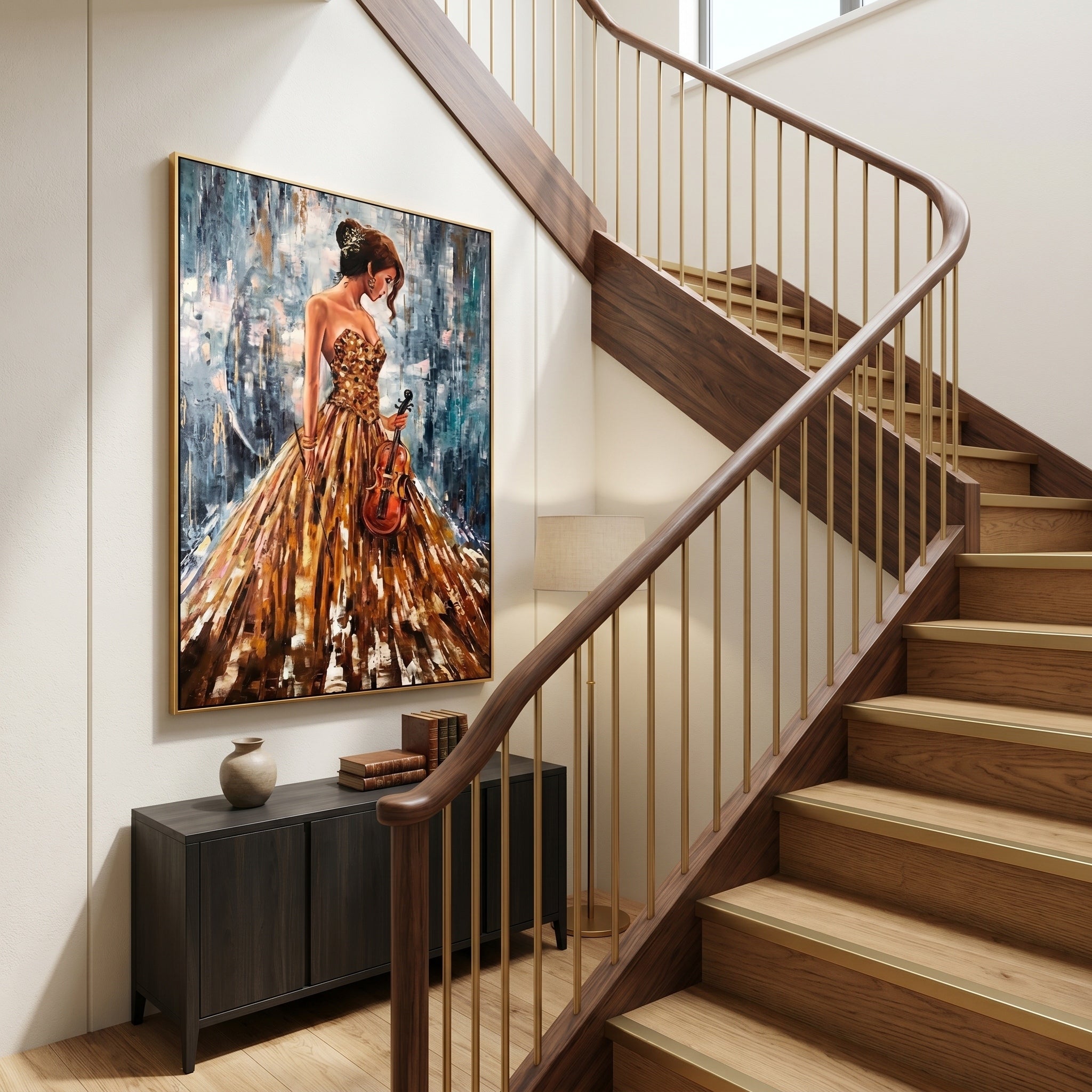The Golden Prelude – Modern Impressionist Violinist Painting | Elegant Woman in Gold Gown Hallway Art
