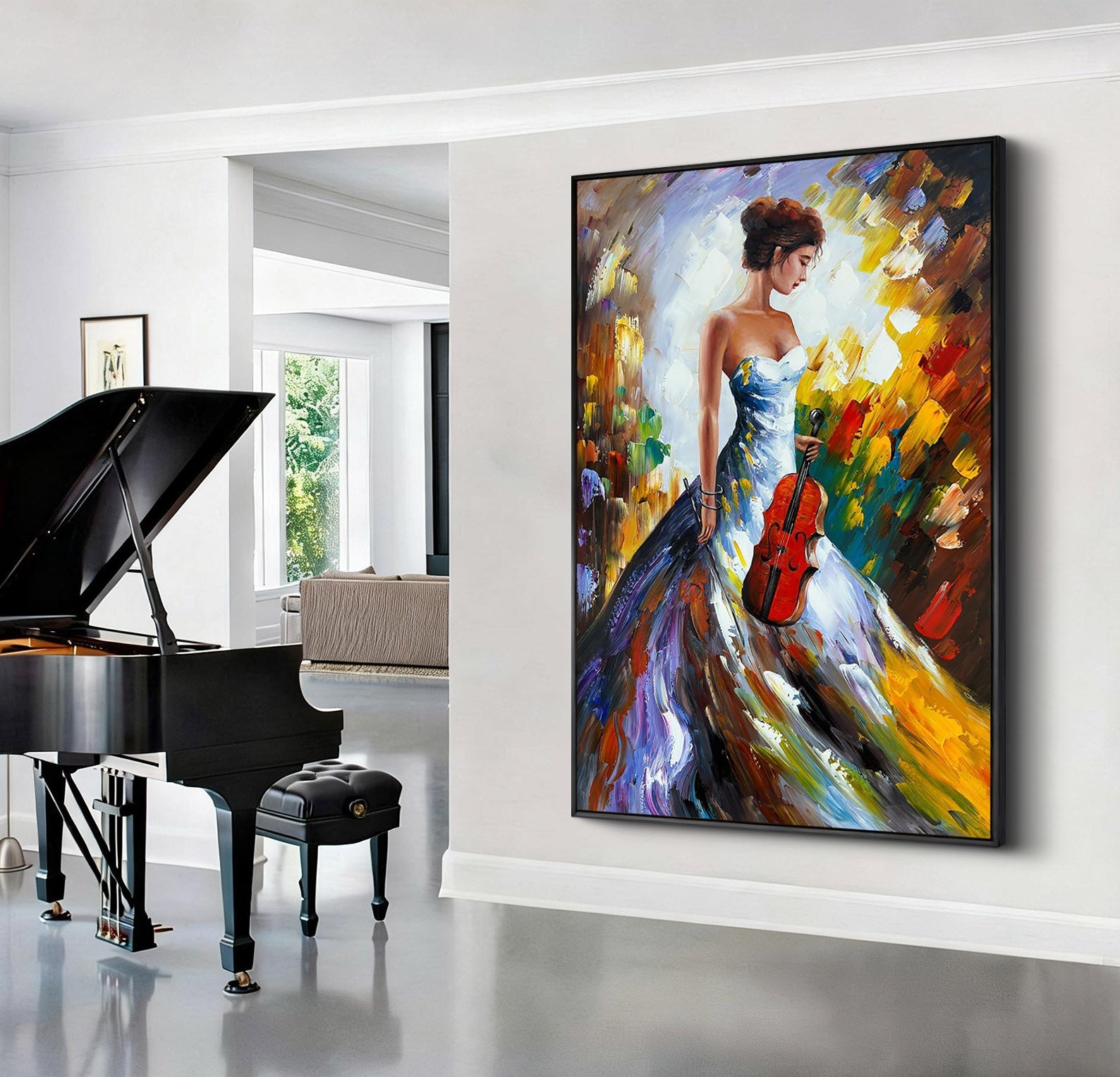 Melodic Muse – Palette Knife Lady in Gown Colorful Painting | Bold Expressionist Living Room & Dining Room Art
