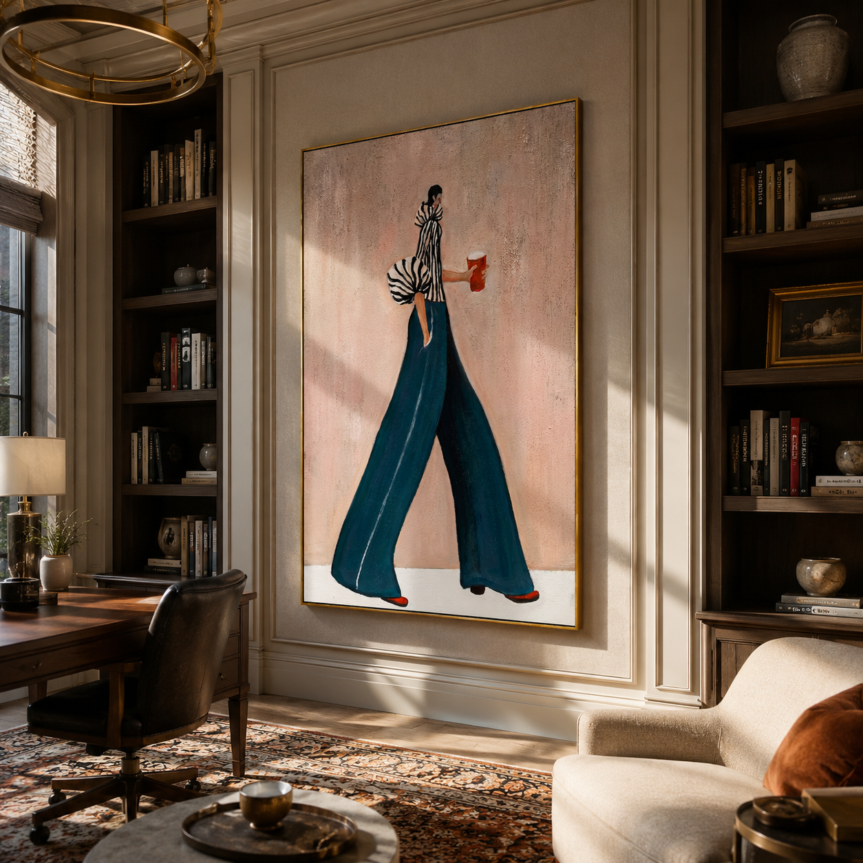 The Urban Stride – Avant-Garde Zebra Striped & Teal Figures Painting | Chic Dusty Pink Living Room Art