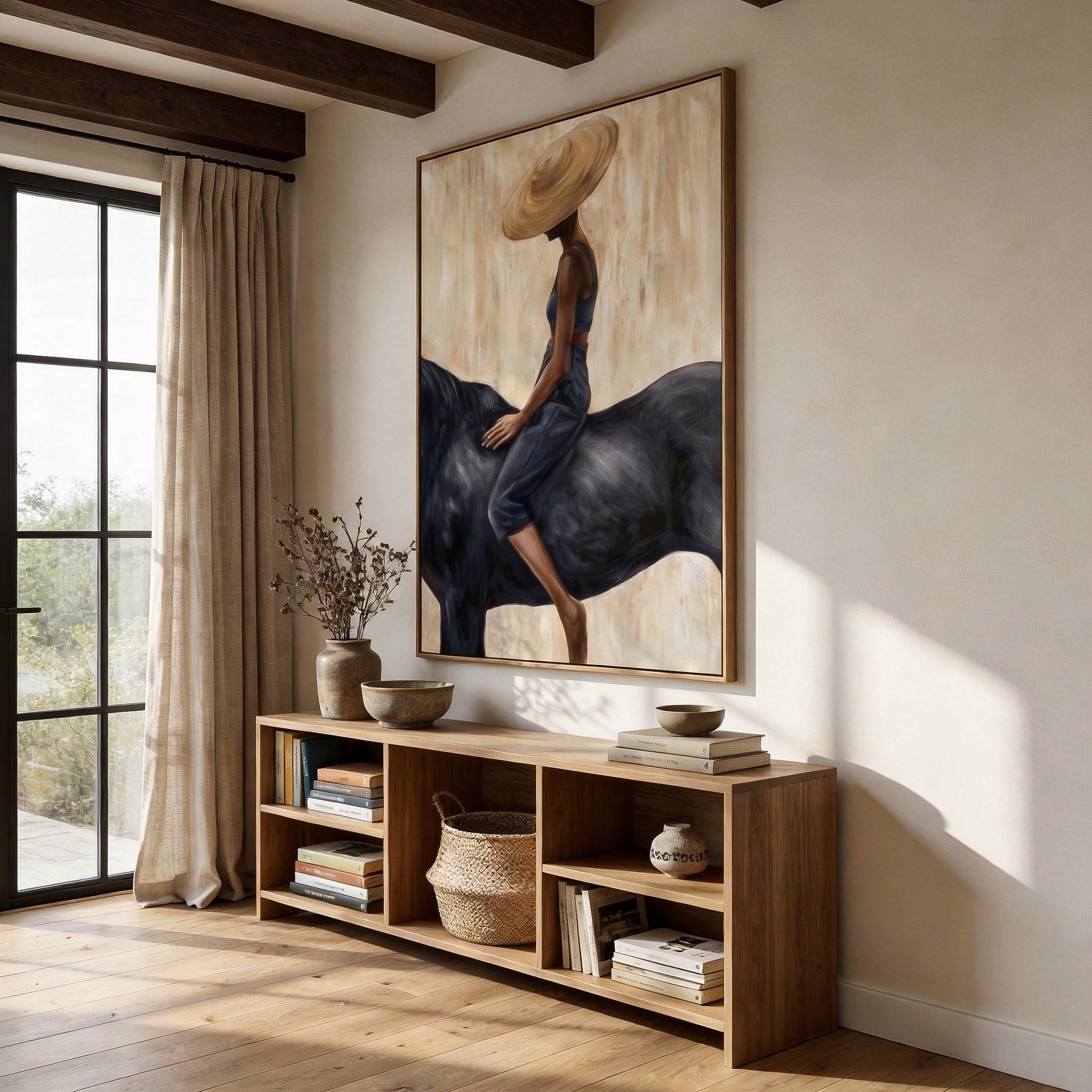 Grace in the Wild - Modern Fashion Black Horse & Woman Painting | Luxury Minimalist Living Room Art