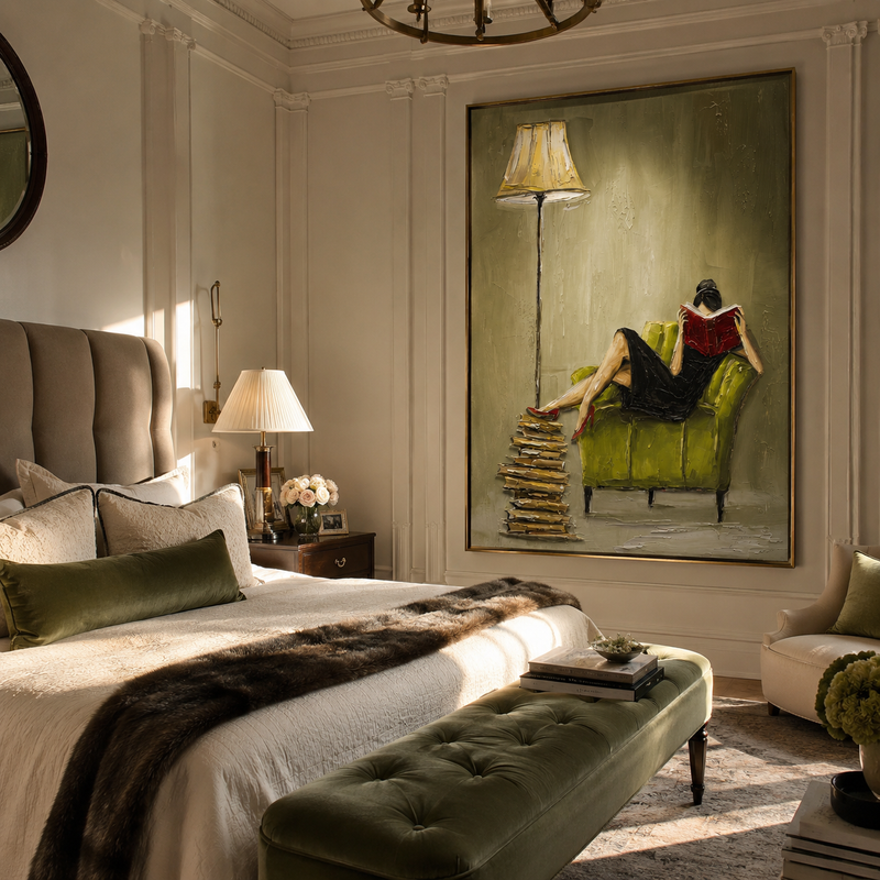Quiet Hour – Emerald Velvet Reading Nook Painting | Elegant Interior Living Room Art
