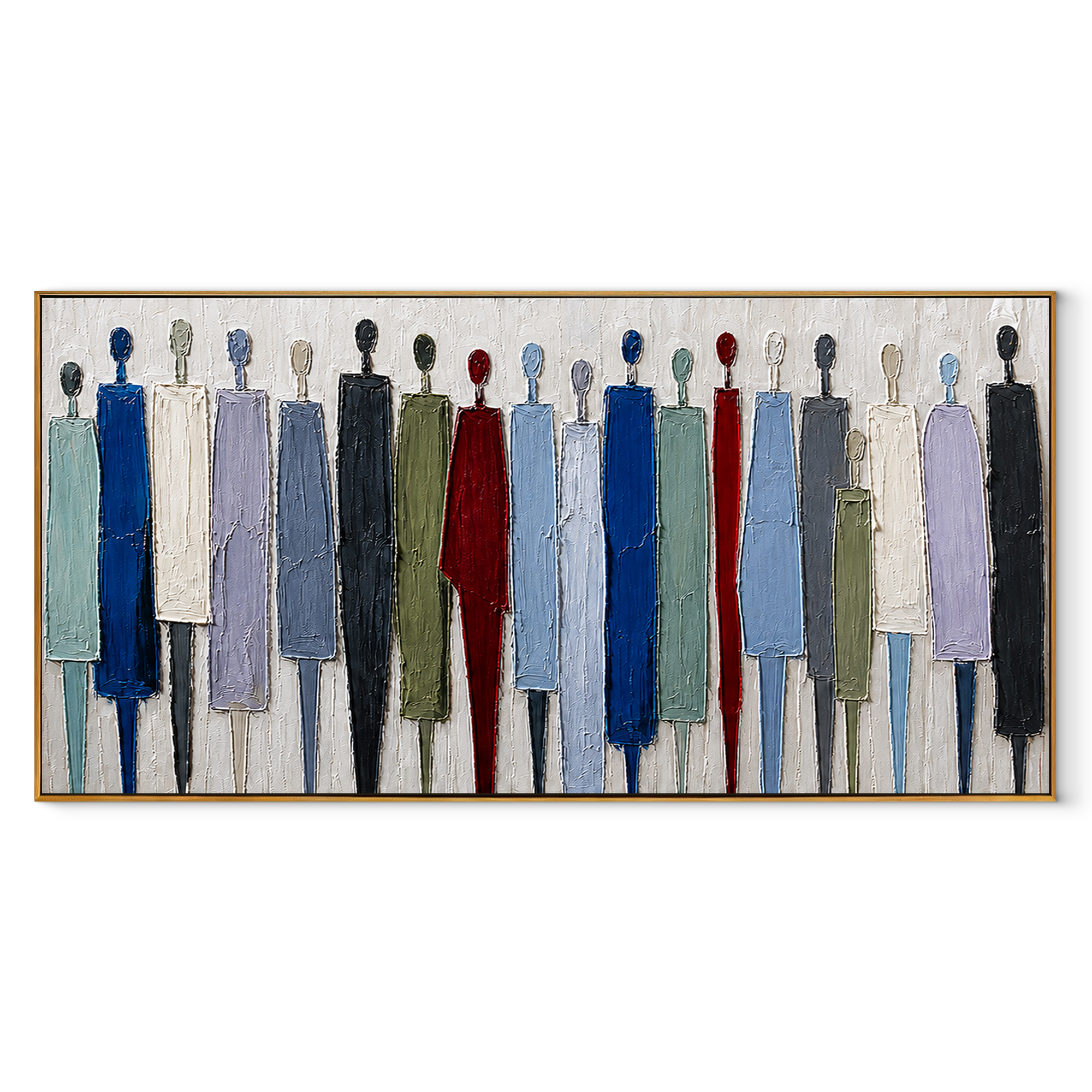 Standing in Stillness muted blue elongated faceless figure painting, panoramic canvas artwork