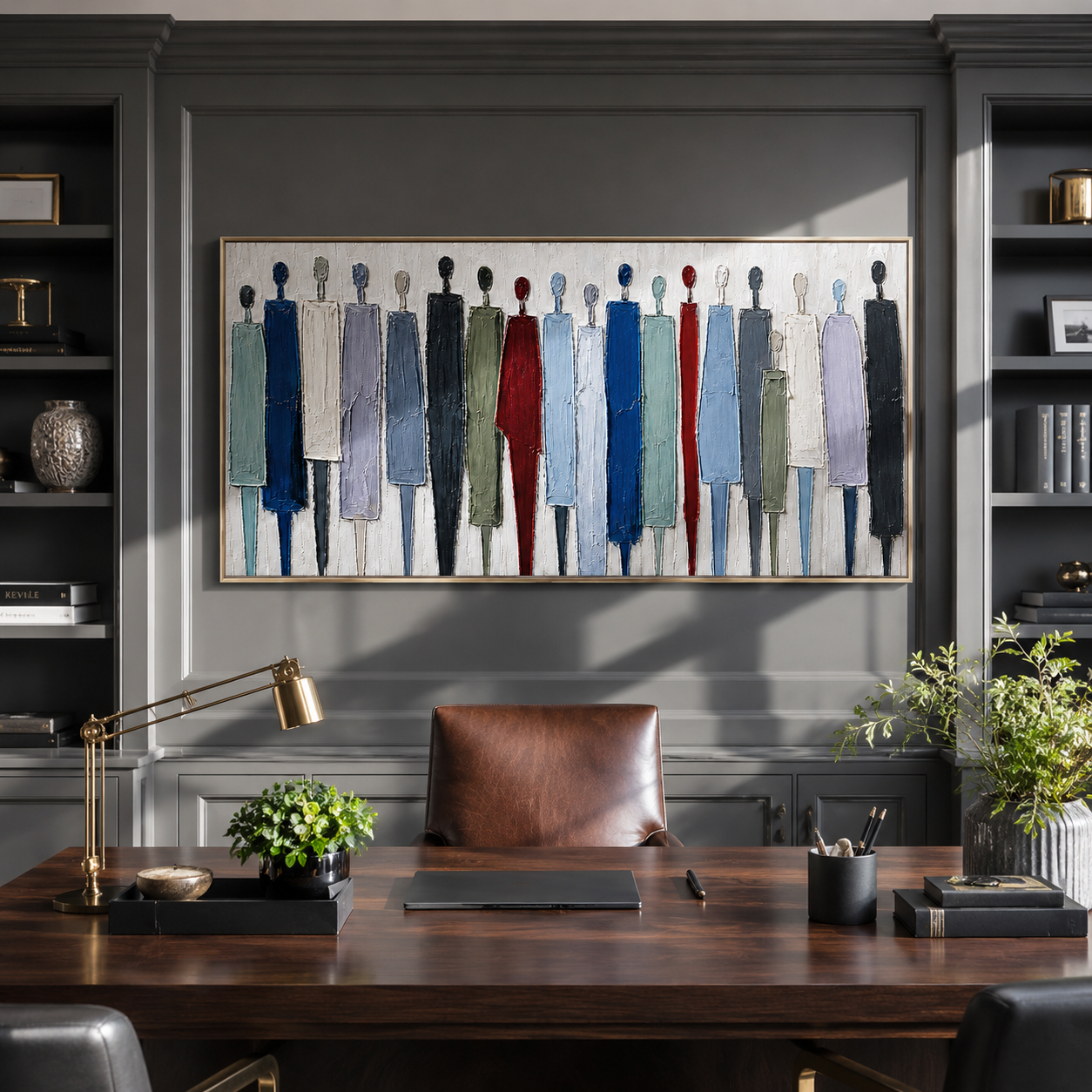 Standing in Stillness presented above a console in a contemporary interior