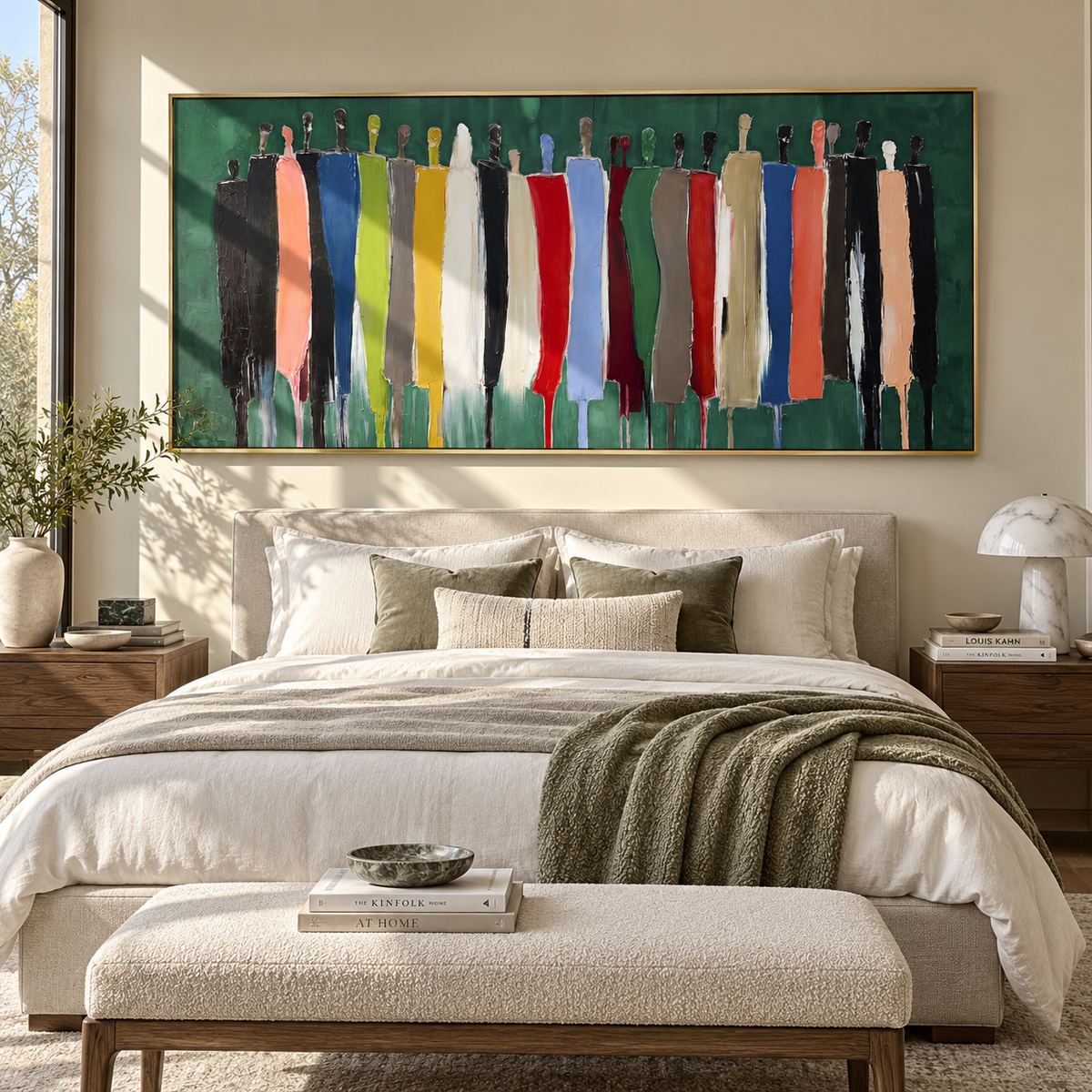 Figures Crossing Deep Green – colorful abstract crowd painting, displayed above a softly upholstered bed