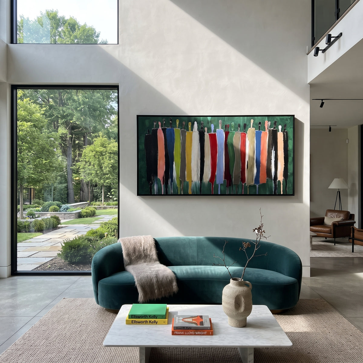 Figures Crossing Deep Green – colorful abstract crowd painting, displayed in a modern living room
